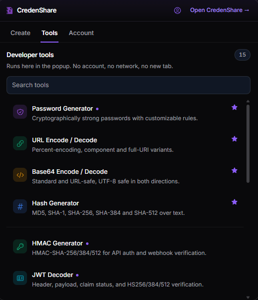 The extension's developer tools list