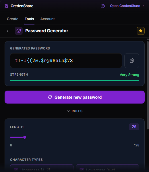 The Password Generator, with a strength meter and rules