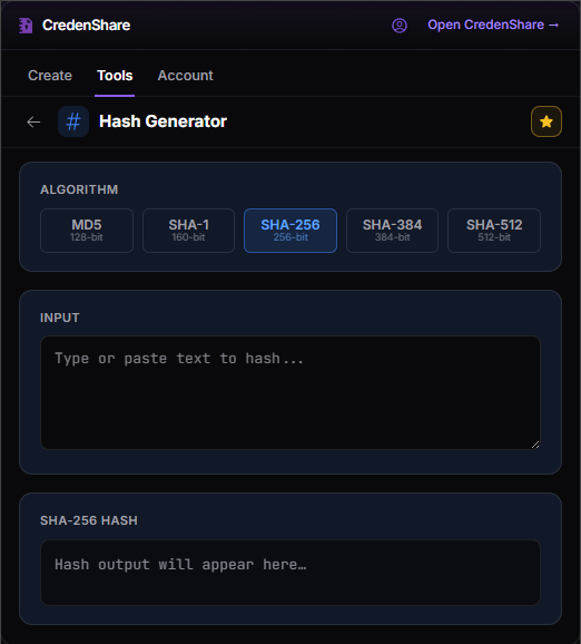 The Hash Generator, with MD5 through SHA-512