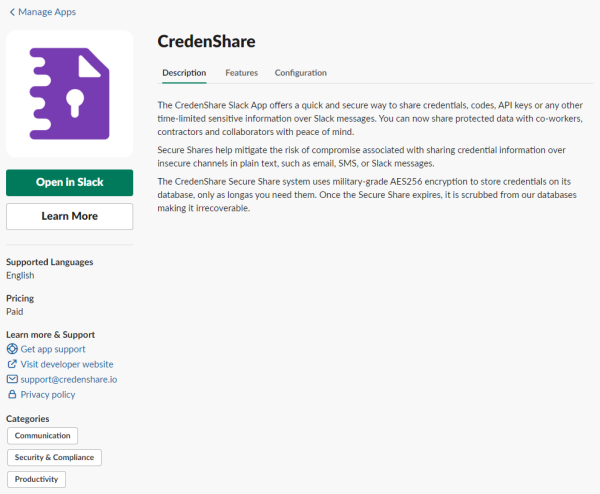 CredenShare Slack App Directory Page