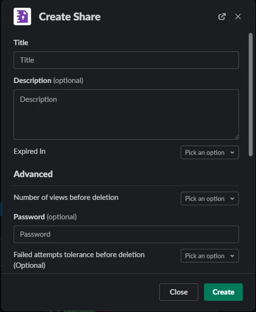 CredenShare Slack App Create Share Dialog