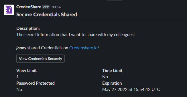 CredenShare Slack App Recipient Message